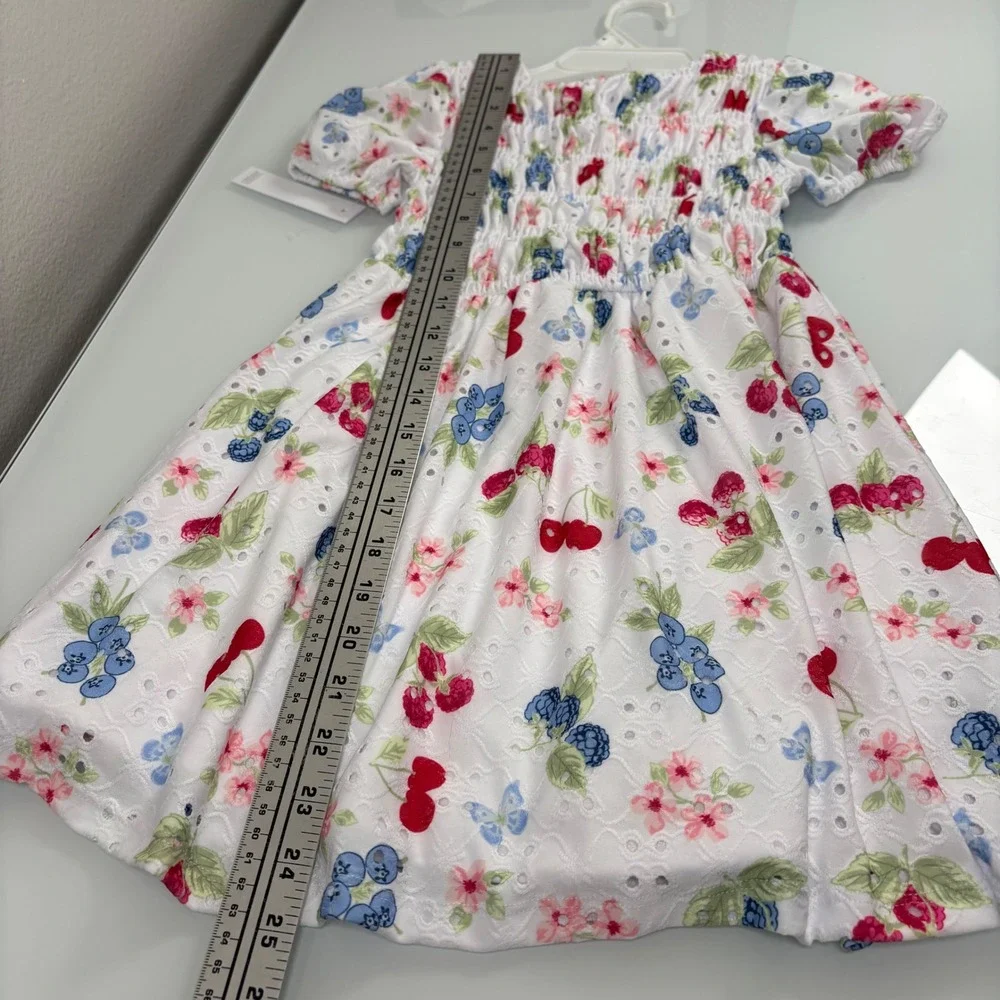 Tahari Girl Kids 6 White Berry Floral Eyelet Smocked Dress NEW Fruit Print